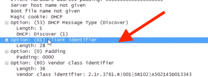 Screenshot of Option 61 in Wireshark