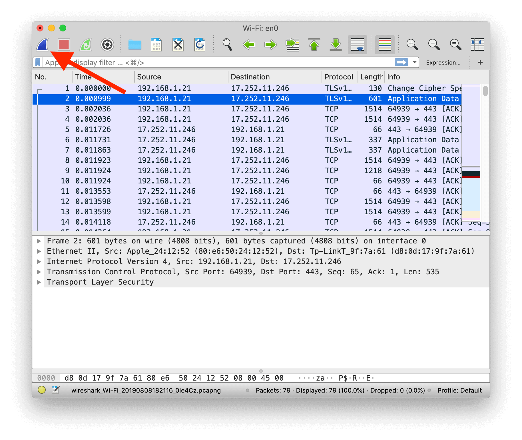 Screenshot of Wireshark data